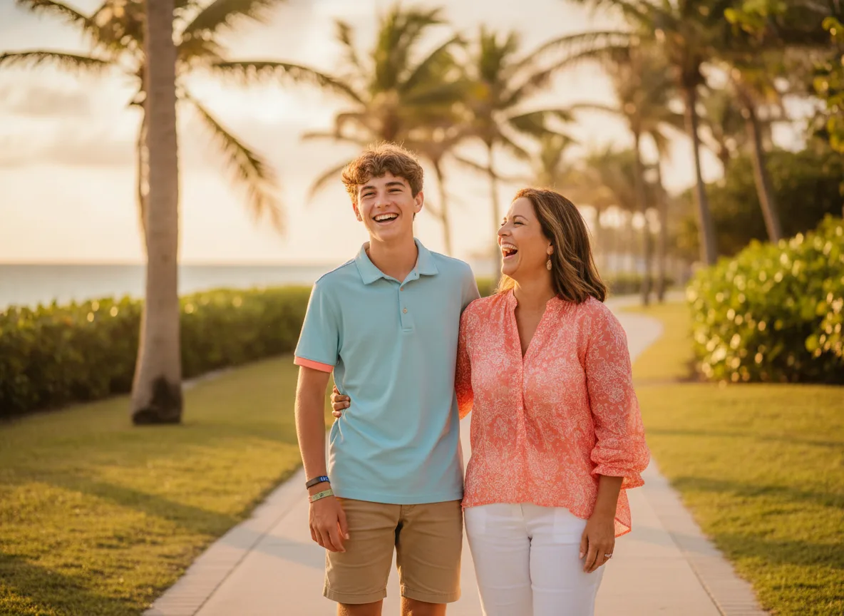 Teen patient and parent laughing together outdoors near Port Orange, Florida
