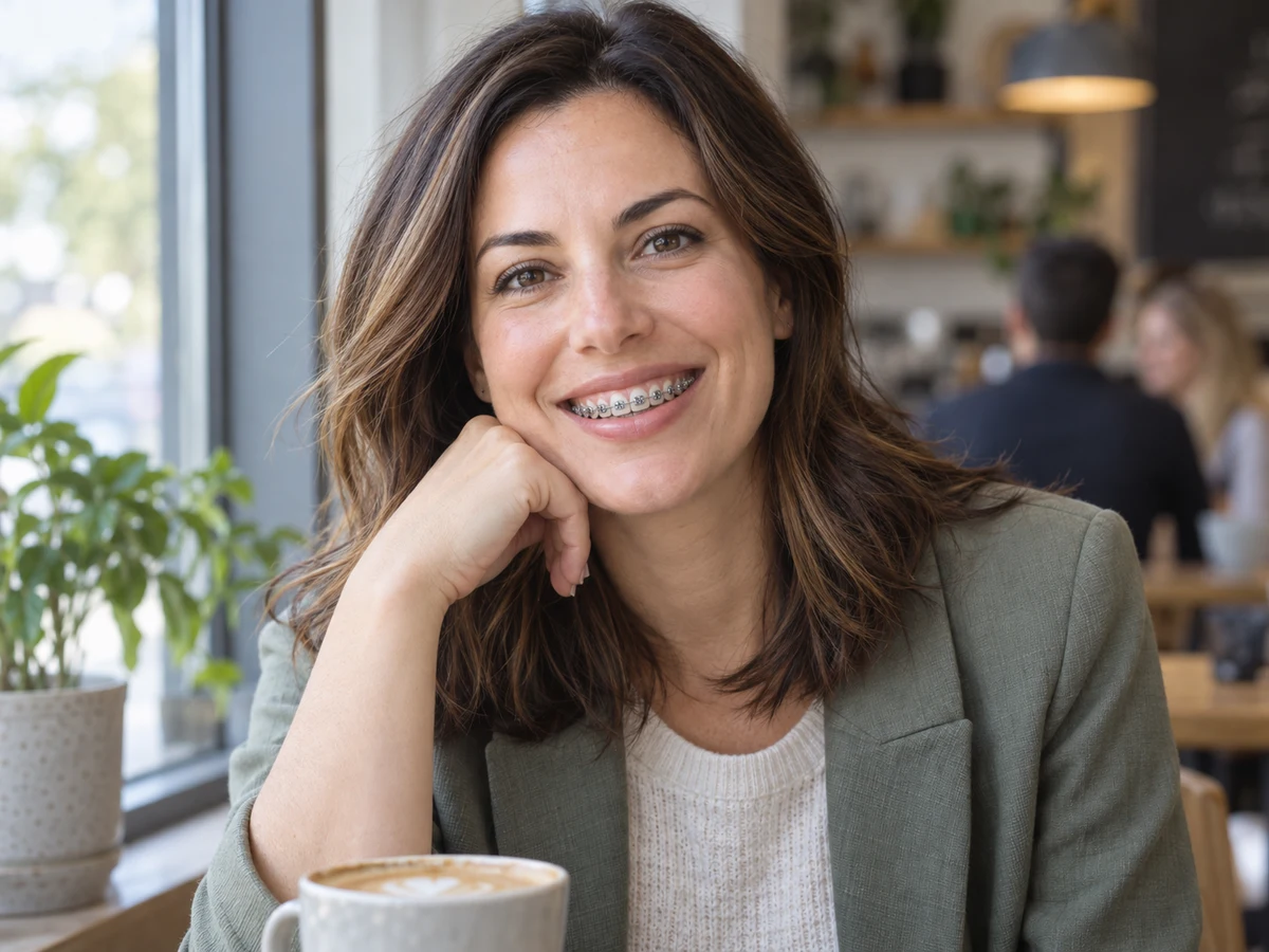 Adult woman with metal braces seated beside a cafe window