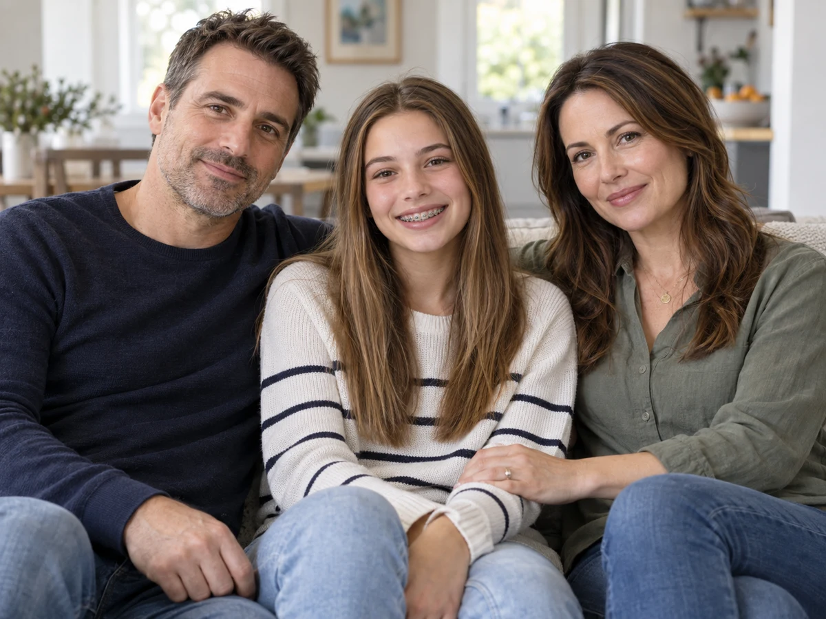 Teen wearing braces seated with her parents at home