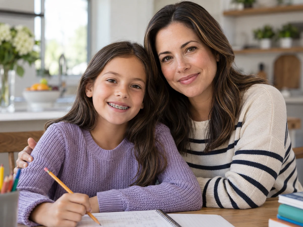 Child wearing braces beside her mother at a kitchen table