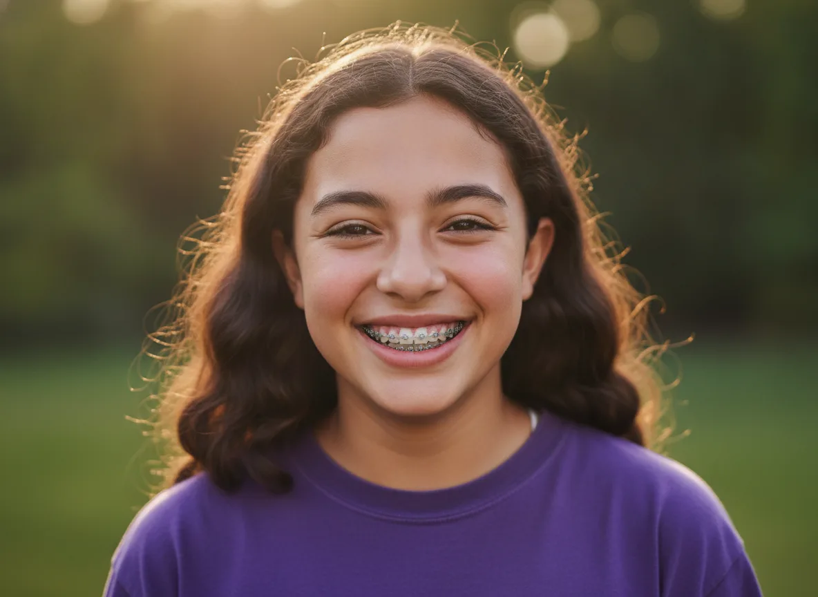 Teen girl smiling with metal braces